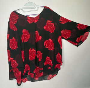 Roz & Ali Womens 3X Sheer Blouse Black Red Rose Floral 3/4 Sleeve Plus Size